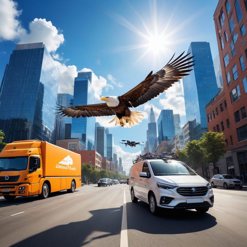 A dynamic delivery scene featuring an eagle symbolizing speed and reliability, soaring above a bustling cityscape with delivery vehicles below. The foreground shows a happy customer receiving a package, showcasing efficiency and satisfaction. The background depicts a bright blue sky with fluffy clouds, emphasizing a sense of trust and freedom. Illustrate elements of technology like drones and GPS navigation. vibrant colors. super-realistic.