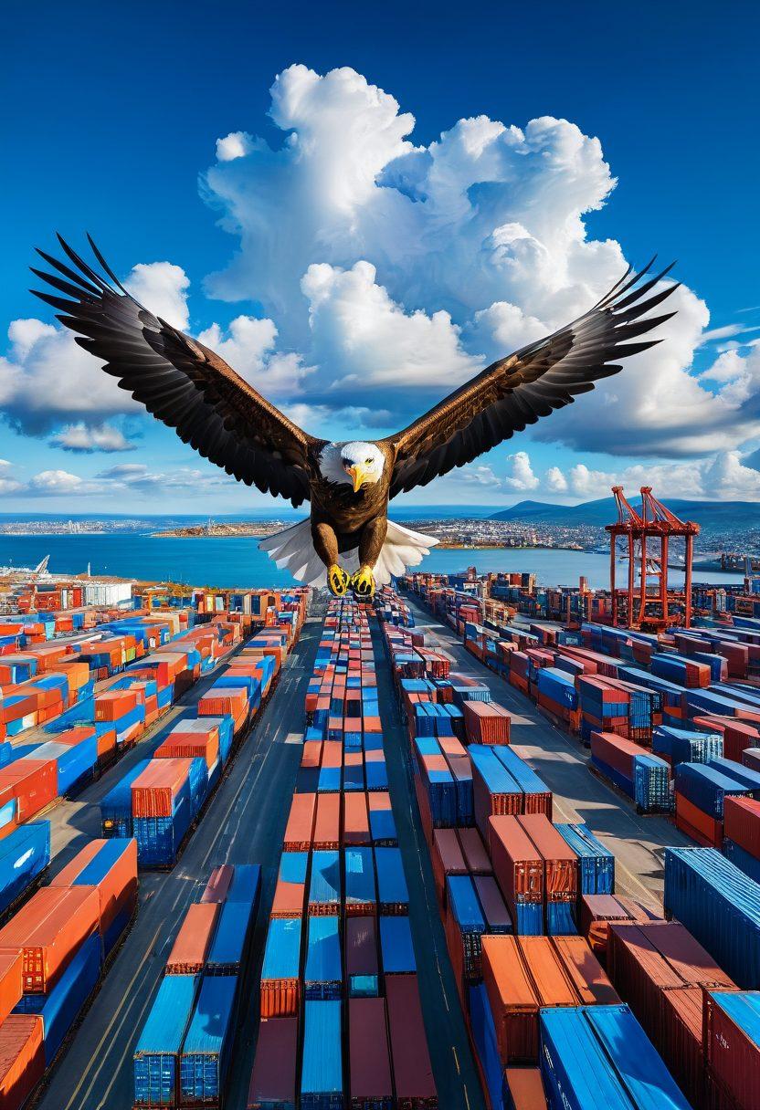 A majestic eagle soaring high above a picturesque landscape, symbolizing freedom and efficiency in logistics. Below, a vibrant logistics hub bustling with activity, featuring modern shipping containers and trucks, illustrating the concept of seamless shipping. The sky is a brilliant blue with fluffy clouds, representing clarity and vision. Emphasize the eagle's sharp gaze, signifying insight and strategy in logistics. super-realistic. vibrant colors. wide-angle perspective.