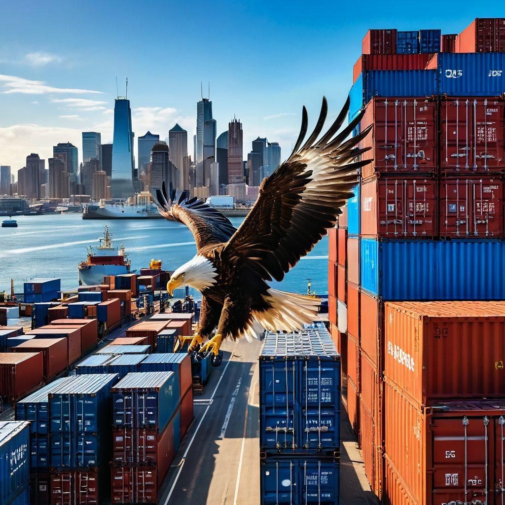 A soaring eagle carrying a cargo container in its talons, symbolizing strength and precision in supply chain management. Below, a bustling city skyline with trucks and ships representing logistics. The sky is bright with sunlight, casting a hopeful glow on the scene. Include abstract arrows and lines indicating connections and pathways in logistics. super-realistic. vibrant colors. dynamic composition.